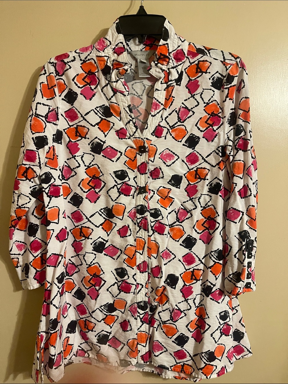 Multiples White Zip-Front Tunic with Pink & Orange Abstract Print